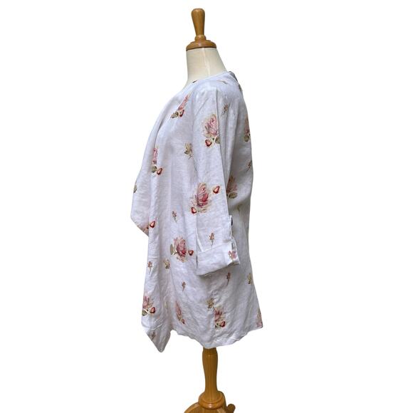 For Cynthia Duster Open Front Top Sz Md 100% Linen Floral Roll Tab Lagenlook NWT - Picture 2 of 12